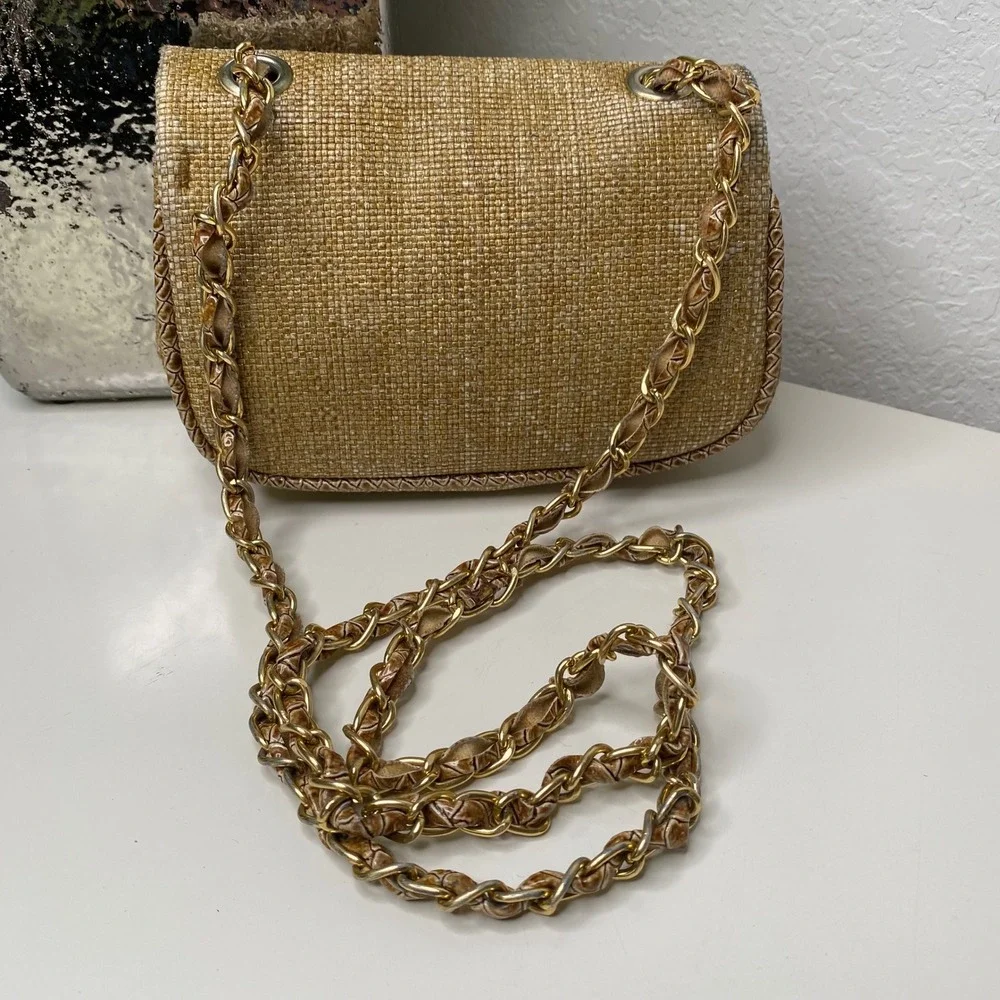 Pinko Womens Crossbody‎ Bag Gold Chain Straw Look Tan and Gold